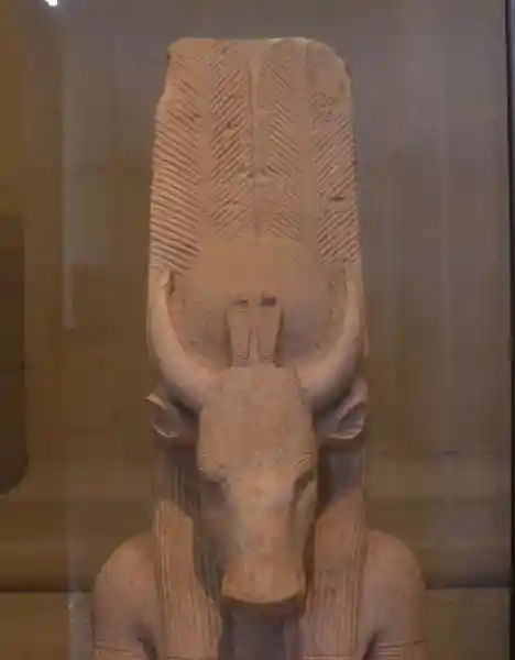 Limestone statue of Montu, Lord of Medamud, with a bull's head